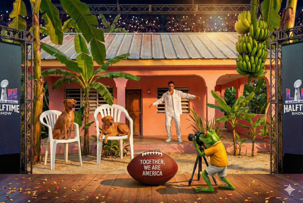 Ilustração com sapo Concho fotografando bola do Super Bowl junto a cadeiras brancas em cenário latino para contexto de marketing e identidade cultural