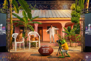 Ilustração com sapo Concho fotografando bola do Super Bowl junto a cadeiras brancas em cenário latino para contexto de marketing e identidade cultural